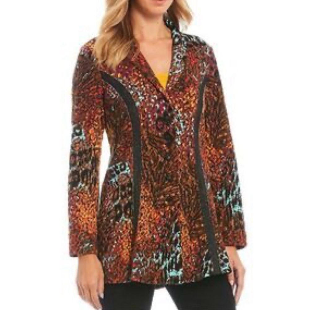 Ali Miles Oversized Open Jersey Knit Jacket Cardigan Artsy Print Sz XL Boho